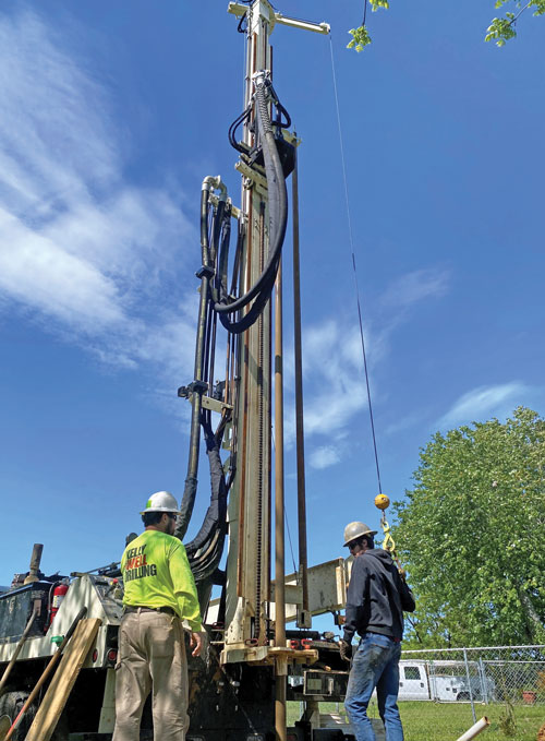 Easy mobilization and rig set up at a limited access residential job site for mud rotary water well drilling.