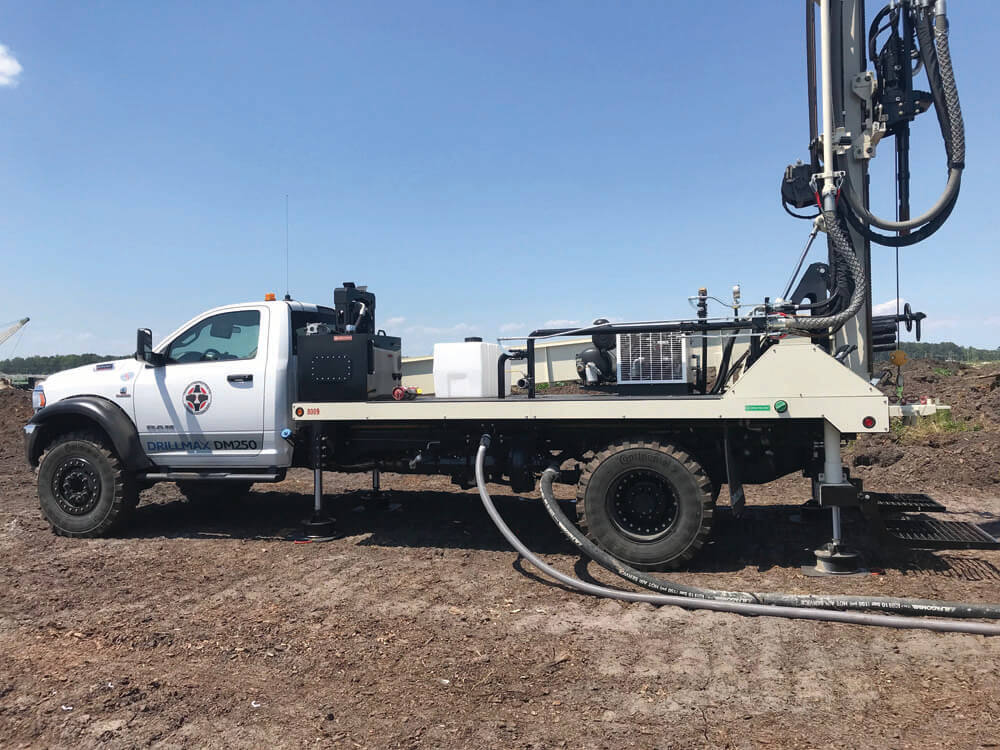 Rotary mud drilling in an old ocean filled with sediment deposits millions of years ago can mean some soggy ground conditions, but going from track to truck hasn’t slowed Trader Construction down.         