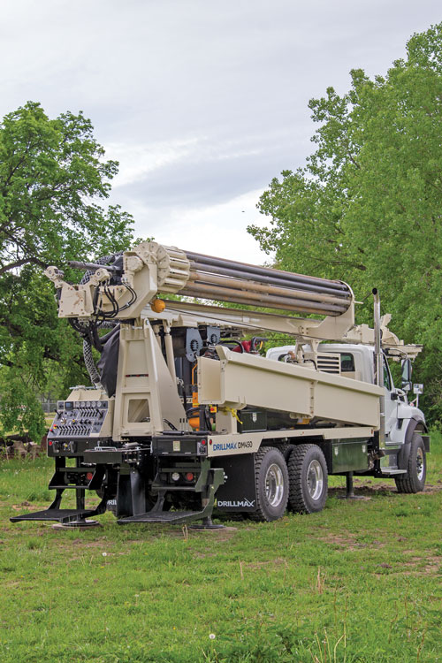 Drill truck with power to drill and comfort to transport for easy mobilization to tough drilling sites.