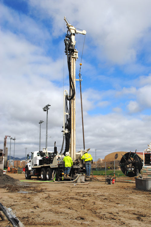 DM450 truck mounted drilling rig works at geothermal drilling pace to complete multiple borings per day.